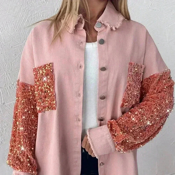 Baby Pink Party Women's Turn-Down Collar Contrast Sequin Raw Hem Button Shacket - Picture 3 of 5